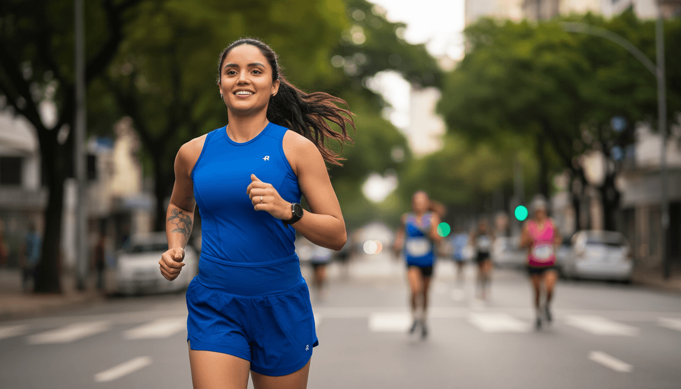 Corredora usando conjunto esportivo azul em uma prova de rua