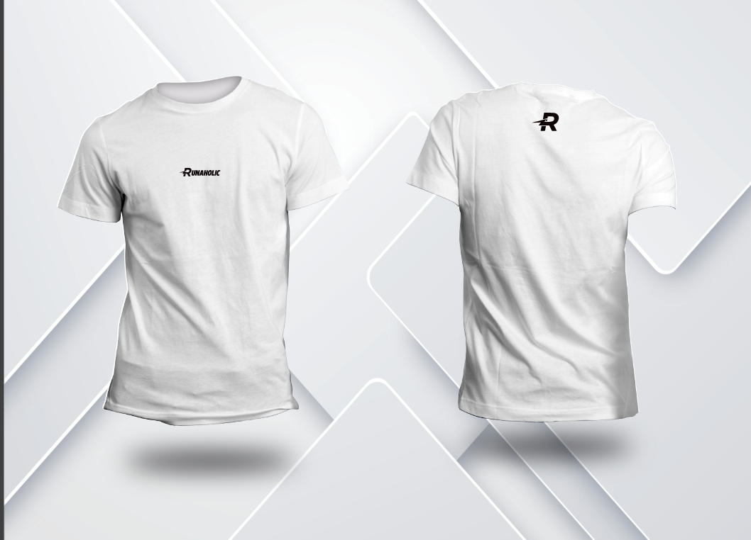 Camiseta Dry Fit de corrida masculina Runaholic, cor branca, frente com nome Runaholic e costas