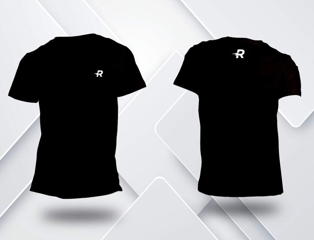 Camiseta Dry Fit de corrida masculina Runaholic, cor preta, frente com símbolo R e costas