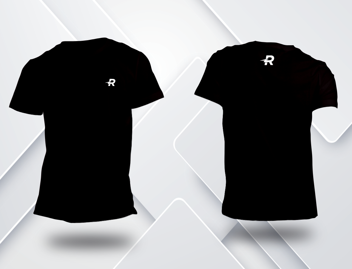 Camiseta Dry Fit de corrida masculina Runaholic, cor preta, frente com símbolo R e costas