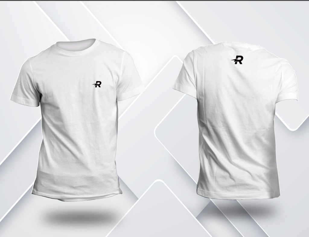 Camiseta Dry Fit de corrida masculina Runaholic, cor branca, frente com símbolo R e costas