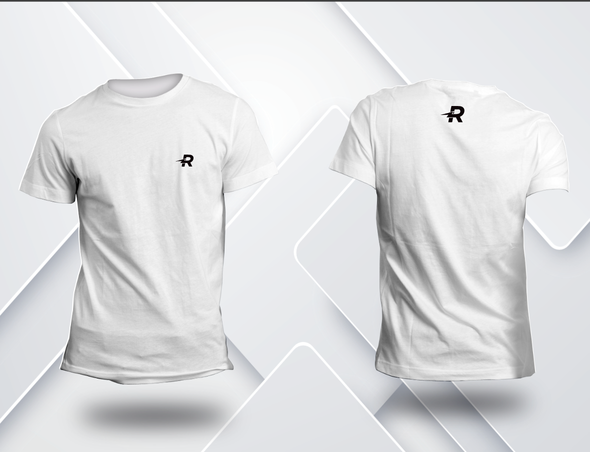 Camiseta Dry Fit de corrida masculina Runaholic, cor branca, frente com símbolo R e costas