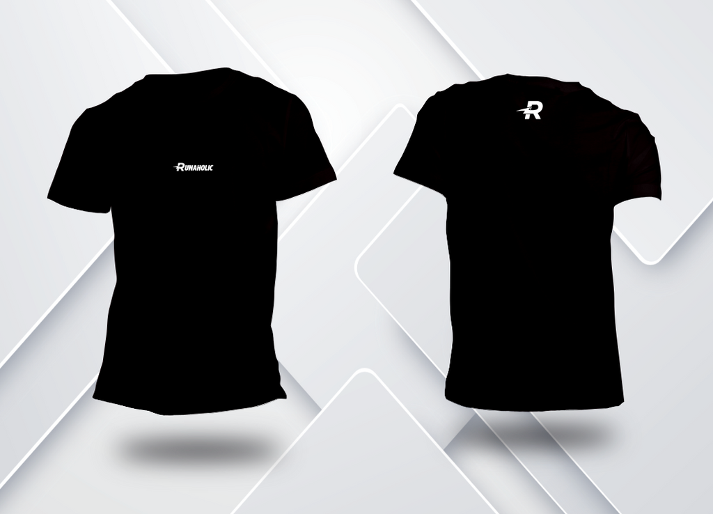 Camiseta Dry Fit de corrida masculina Runaholic, cor preta, frente com nome Runaholic e costas