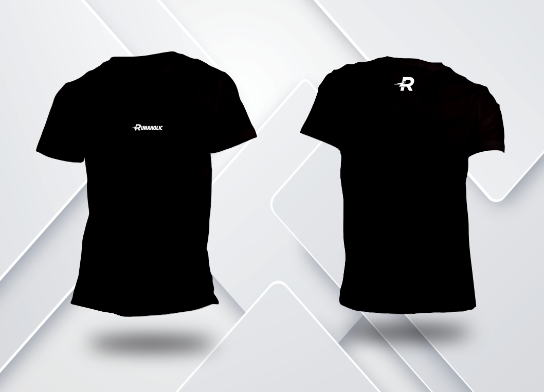 Camiseta Dry Fit de corrida masculina Runaholic, cor preta, frente com nome Runaholic e costas